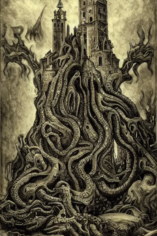 Image similar to lovecraftian, style of Bosch, castle, storm, architecture