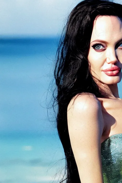 Image similar to close up headshot of angelina jolie as Nico Robin from One Piece standing on a beach, cosplay, photograph by Mario Testino