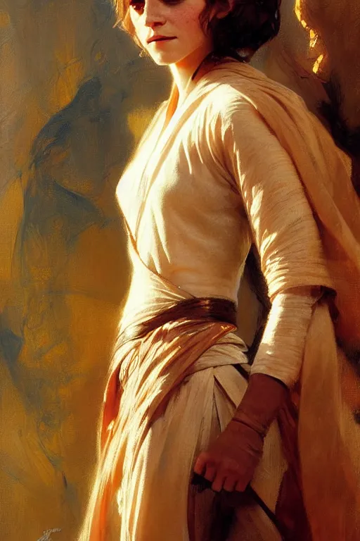 Image similar to detailed portrait of a beautiful emma watson dressed as jedi, painting by gaston bussiere, craig mullins, j. c. leyendecker