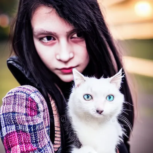 Prompt: a girl with long messy dark hair, ( ( ( goth style ) ) ), shiny eyes, holding a cat in her arms, a stock photo by juan villafuerte, pexels contest winner, high quality photo, rtx, hd, rasquache