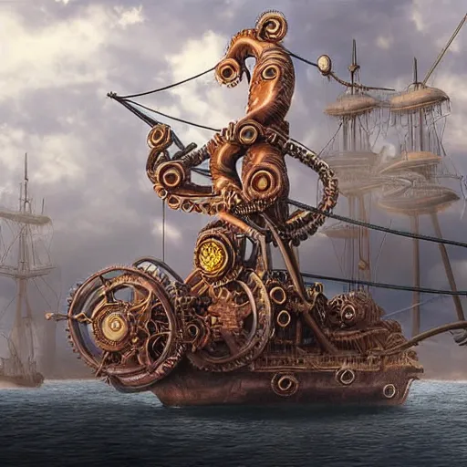 Image similar to A steampunk ship that looks like an octopus, digital art, hyperrealistic, epic, dramatic lighting