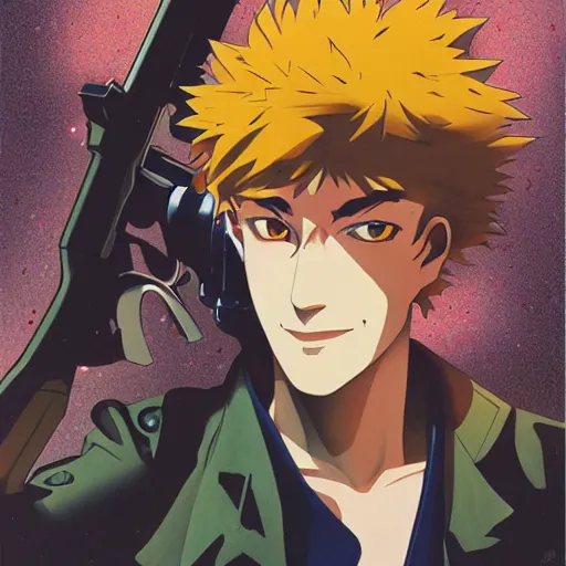 Image similar to , spike from anime cowboy bebop holding two handguns looking into the distance of space, physically accurate, dynamic lighting, intricate, elegant, highly detailed, very very Roberto Ferri, sharp focus, very very unsettling, very terrifying, illustration, art