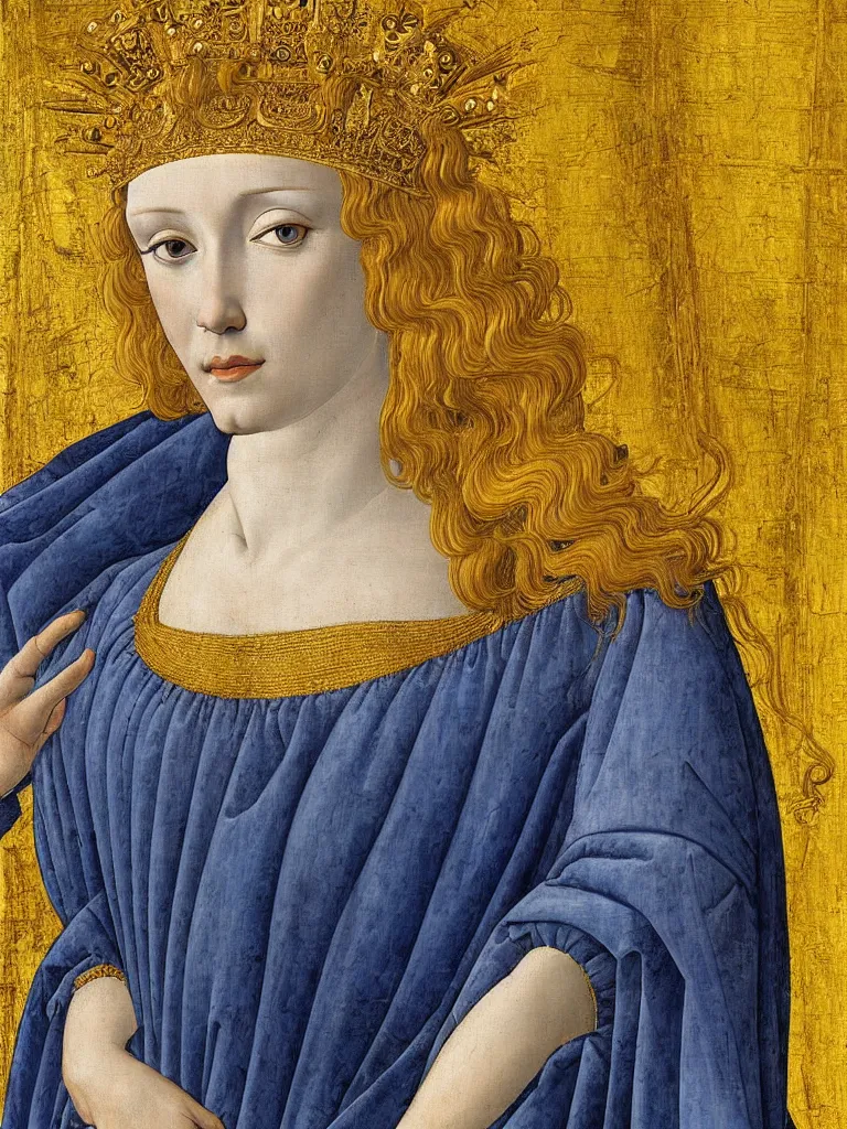 Prompt: detailed portrait of a radiant queen wearing golden armor and blue cloak | Sandro Botticelli |