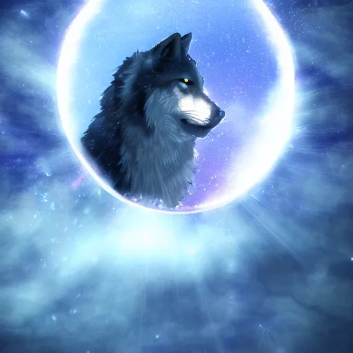 Image similar to a clear crystal wolf with moon shining through it, fantasy art, high definition, lens flares