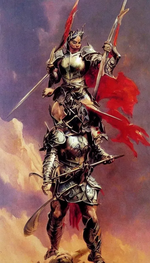 Prompt: fantasy painting by Frank Frazetta portraying a female knight in armor,wielding a sword,high quality,portrait en buste,beautiful,detailed