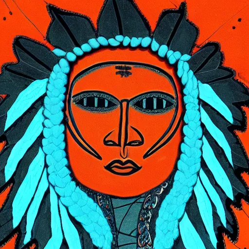 Prompt: symmetric portrait of indigenous warrior, turquoise and orange. high detail