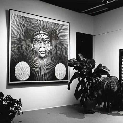 Image similar to A black and white photo in sérigraphie of an exhibition space with works of Sun Ra, Marcel Duchamp and tropical plants - W 1280