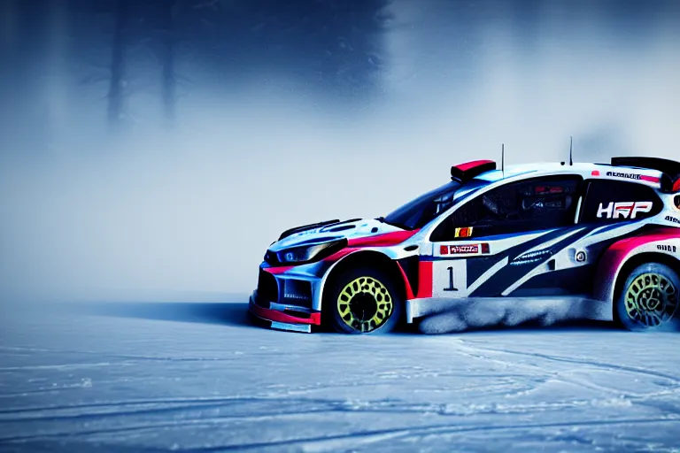 Image similar to wrc rally car drifting sideways on ice, photoreal, dynamic scene, dynamic lighting, 8 k, motion blur, dust, trending on artstation, higly detailed, ( higly detailed ), styleframe, crowned, artwork by wlop
