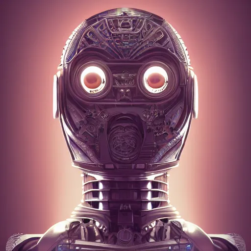 Prompt: robot, 70s sci-fi, highly detailed, symmetrical long head, dark enlightenment, alchemy, nigredo, deep aesthetic, concept art, post process, 4k, highly ornate intricate details, art deco,