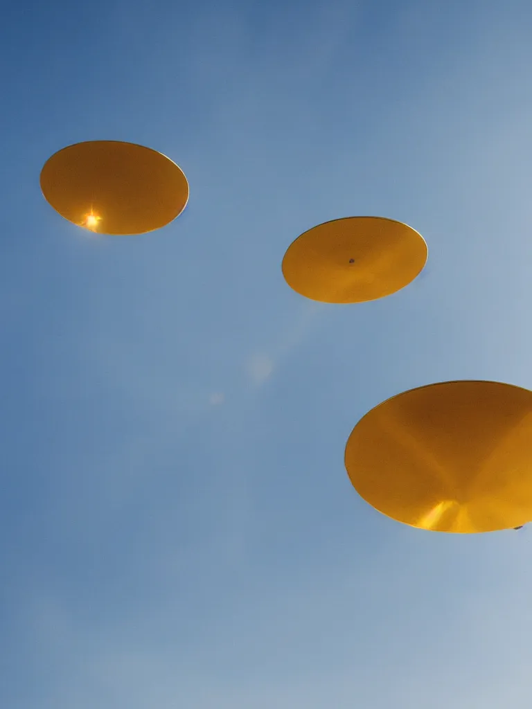 Prompt: golden ufo flying in the sky in toulouse, blue sky, motion blur, eerie, realistic, realistic, realistic, realistic, realistic, realistic, realistic,