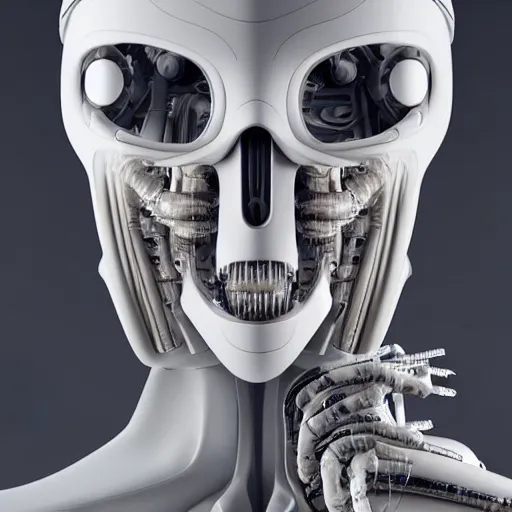Image similar to a ultradetailed front face portrait of a white one cast futuristic biomechanic cyborg with mechanical gears and tubes for face, carbon fibre and nanotube elements, futuristic, 8 k, dramatic light, digital painting by hr giger, octane render