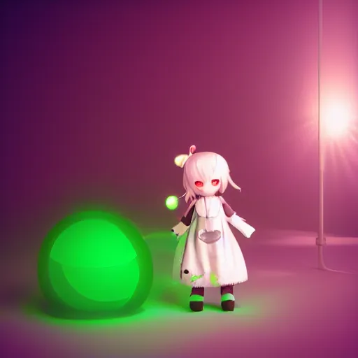 Image similar to cute fumo plush girl who has been uploaded into cyberspace, glowing green light, lens flare, caustics, vray