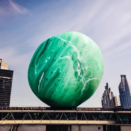 Prompt: a giant marble in the middle of a futuristic city, vibrant