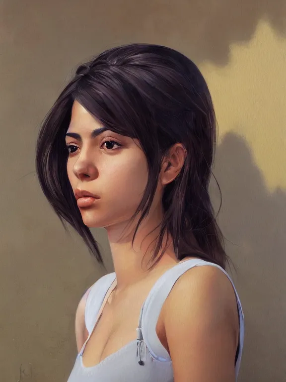 Prompt: an ultradetailed beautiful portrait painting of a mexican girl as a journalist, side view, oil painting, high resolution, by ilya kuvshinov, greg rutkowski and makoto shinkai