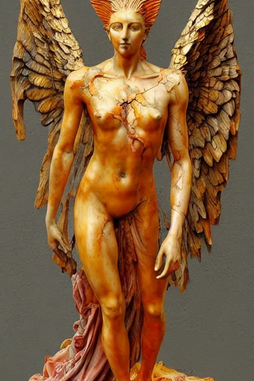 Image similar to realistic detailed statue of the terrific sacred destruction angel made with marble and with stained rust golden wings, body full of scars, made by Karol Bak, Mark Brooks and Bernini. Rich colors. Beksinski and Gerhard Richter painting. Masterpiece