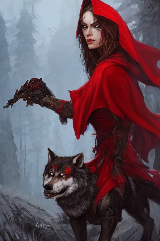 Prompt: amazon red riding hood holding wolf head, d & d, fantasy, highly detailed, headshot, digital painting, trending on artstation, concept art, sharp focus, illustration, art by artgerm and greg rutkowski and magali villeneuve