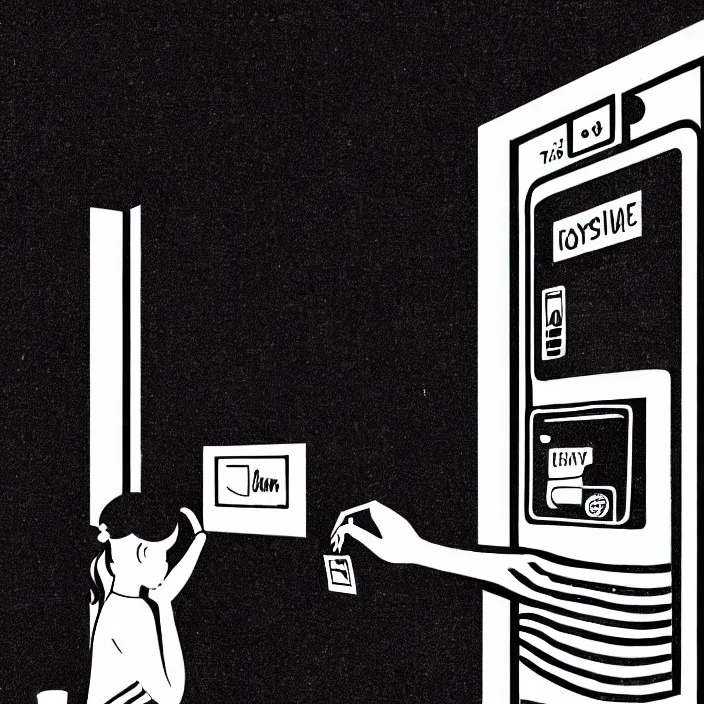 Prompt: girl's hand inserts a card into a slot. inside a minimalist dirty automated kiosk. bright tasty food options displayed on a wall. black tiles on walls. a seat and table. black and white, pencil and ink. by gabriel hardman, joe alves, chris bonura. cinematic atmosphere, detailed and intricate, perfect anatomy