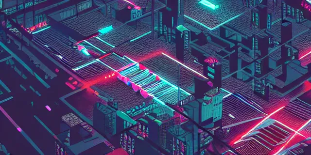 Image similar to glowing chains of interconnected network of technological cubes floating in the middle of a cyberpunk tokyo 2 0 9 9 city, in the art style of dan mumford and marc simonetii, atmospheric lighting, intricate, volumetric lighting, beautiful, sharp focus, ultra detailed