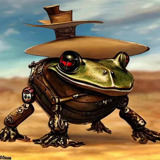 Image similar to giant steampunk mechanical frog, concept art, wild west, desert, digital art