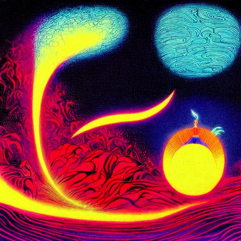 Image similar to androgynous angel radiating infinite psychic fractal waves, medium close - up, volcanic background, crescent moon, bright neon colors, highly detailed, hig resolution, cinematic, eyvind earle, tim white, philippe druillet, roger dean, lisa frank, aubrey beardsley, hiroo isono