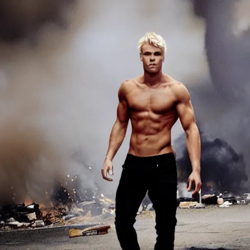 Image similar to blond dude with abs walking away from explosion