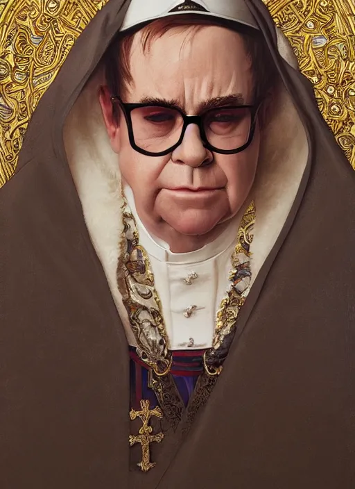 Image similar to Elton John as the pope, headshot, painted renaissance character portrait, highly detailed, painting, artstation, sharp focus, art by artgerm and greg rutkowski and alphonse mucha and magali villeneuve