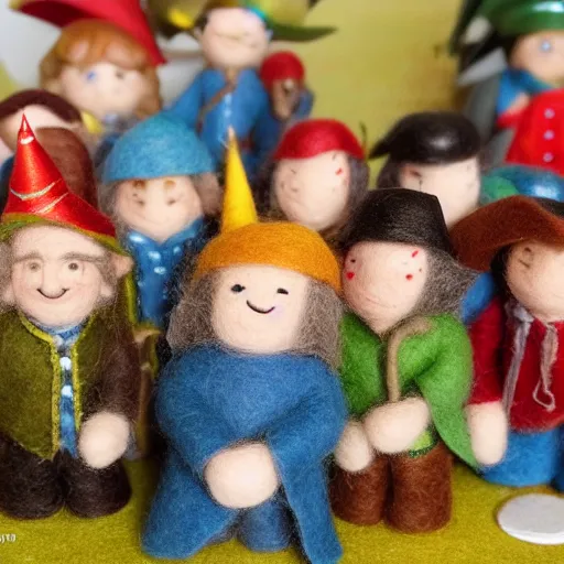 Image similar to felt point figures of bilbo's birthday party, gandalf, fireworks, frodo, pippin, merry, cute, tilt shift, award winning, highly textured