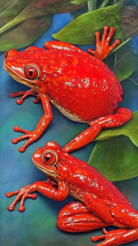 Prompt: giant red frog with giant dragonfly wings, photorealism, oil paint, renaissance, 8 k, high detail whide shot