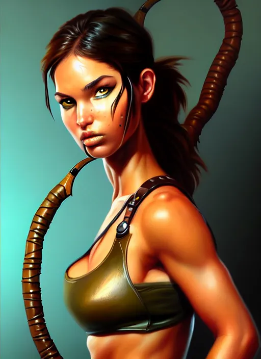 Image similar to portrait of young lara croft as an amazon girl, full body, painted by stanley artgerm, fantasy art, sleek curves, sharp focus, trending on artstation hq, deviantart