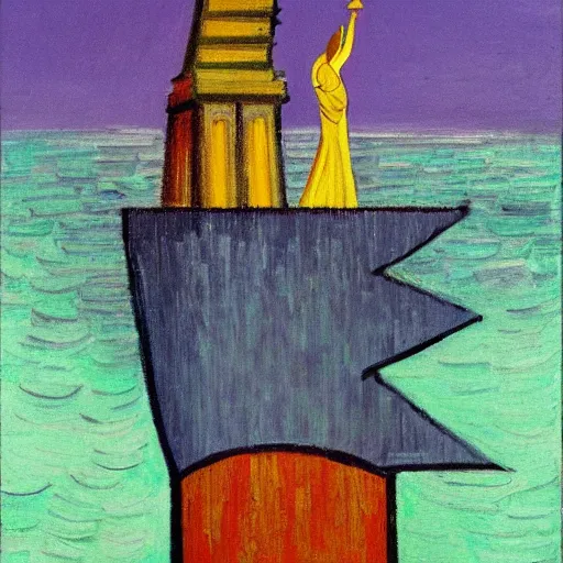 Image similar to portrait of the statue of liberty, in the style of Edward Hopper and Vincent Van Gogh, 4k,