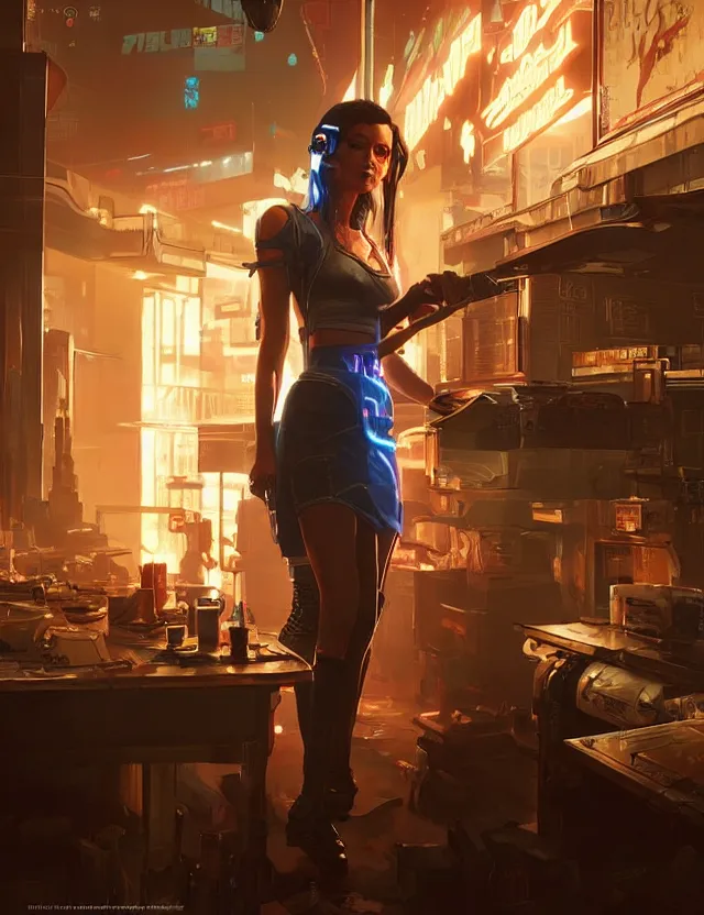 Image similar to a young female waitress as cyberpunk 2 0 7 7 concept art, art by ryo shiotani and greg rutkowski, intricate, beautiful, cute, cinematic lighting, vintage art by serge ivanoff, high resolution, very detailed