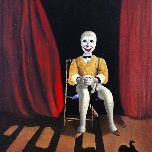 Image similar to oil painting of ventriloquist's dummy, sitting on chair with black leather seat, gold theater tragedy mask on floor, black curtains in background, by paula rego