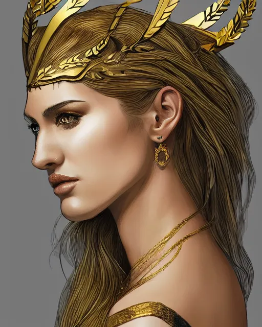 Image similar to tattoo sketch of beautiful super model aphrodite greek goddess wearing a gold laurel wreath and triangle earrings, beautiful piercing gaze with sharp pupils, beautiful blonde hair, in the style of greg rutkowski, fantasy, amazing detail, epic, elegant, smooth, sharp focus, front view