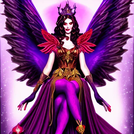 Image similar to Half Fey Princess sorceress with red flaming wings on her back and sitting on an ornate throne dressed in a fancy purple dress, Fantasy, Full Portrait, Planeswalker, Magic The Gathering, High detail, realistic, Liliana Vess
