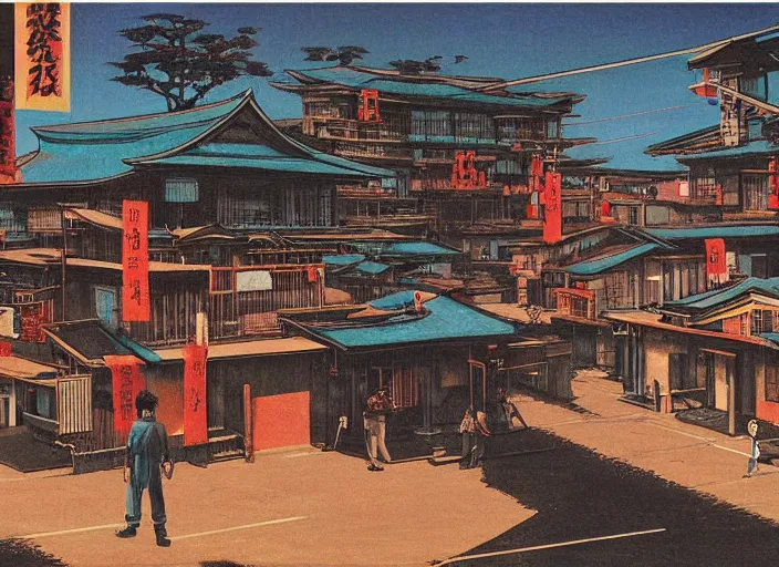 Image similar to vincent di fate's 1 9 8 0 depiction of a kyoto village near a japanese mansion. cyberpunk style.