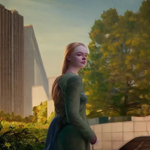 Image similar to Elle Fanning, head and shoulders masterpiece, in Halo 2, in a garden, artstation, in the style of Art Deco and Edward Hopper and Bosch, extremely detailed