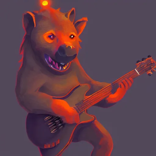 Prompt: A digital painting of an anthropomorphic hyena playing guitar on a stage with orange lights shining through the fog, digital art trending on Artstation