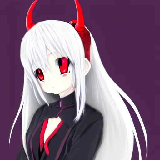 Image similar to white hair, red eyes, two small horn on the head, anime style, anime girl