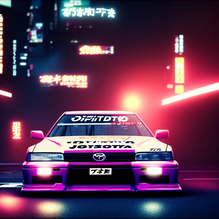 Image similar to toyota jzx 1 0 0 drift, detailed - wheels, shibuya prefecture, cyberpunk girl, cinematic lighting, photorealistic, night photography, octane render