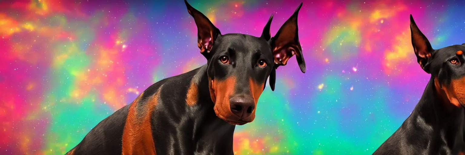 Prompt: spase doberman running close - up with neon mohawks, dogs, space, dark, stars, pink, oil painting, pirate neon ship with punks on board, neon, rich deep colors masterpiece, ultra detailed, contrast, lots of roman arches, clouds, sky, volumetric light, atmospheric lighting, dramatic, cinematic, moody, octane render 4 k, 8 k