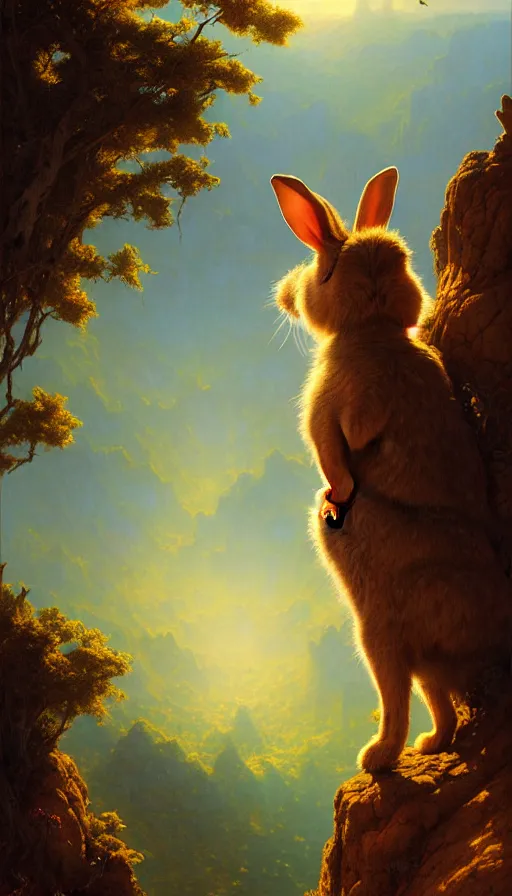 Image similar to rabbit looking off of a cliff, sun setting behind rabbit, lush forest in valley below, painted by tom bagshaw, james gurney, gaston bussiere, craig mullins, j. c. leyendecker 8 k