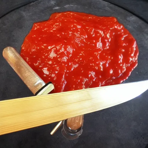 Image similar to best katana in the world with tomato sauce on it