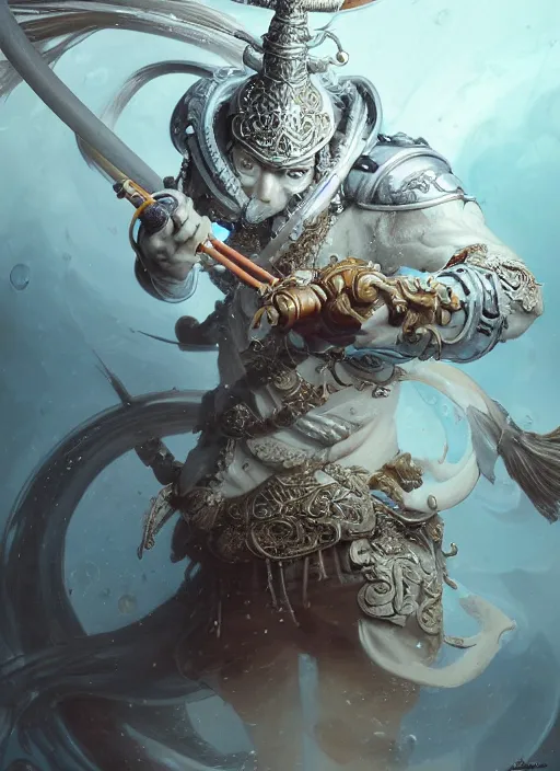 Prompt: subsurface scattering, white, koi, samurai deity with filigree armor, by jesper ejsing, james jean, justin gerard, tomasz alen kopera, cgsociety and fenghua zhong, highly detailed, rim light, cinematic lighting, illustration, art, octane render, very coherent, cinematic, hyper realism, high detail, 8 k