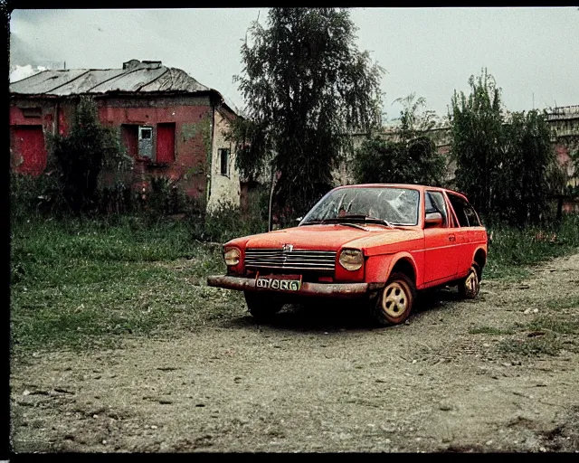 Image similar to a lomographic photo of old lada 2 1 0 7 standing in typical soviet yard in small town, hrushevka on background, cinestill, bokeh