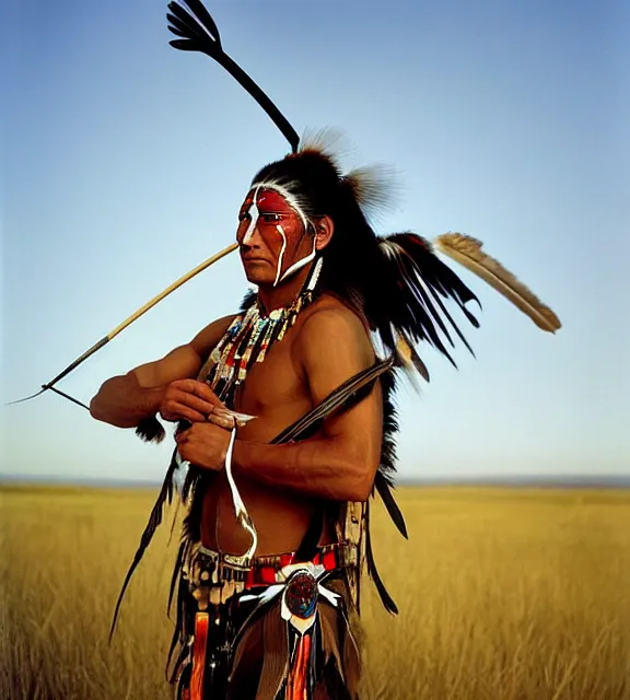 Prompt: A high-quality photo-realistic portrait of a stern an focused native american iroquois warrior wearing face paint and carrying a bow in the morning, by Steve McCurry and Brian Ingram