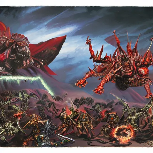 Image similar to Battle of the Imperial Guard on the planet against the Tyranids, Warhammer 40,000, super quality, Artist - Phil Moss