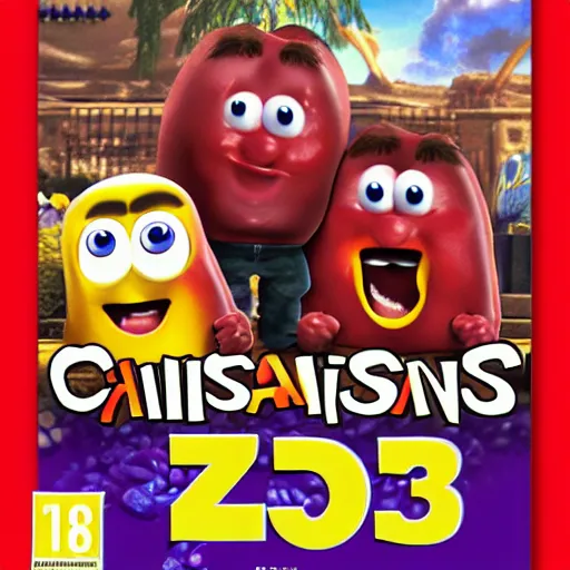 Prompt: playstation 3 game box cover featuring the california raisins.