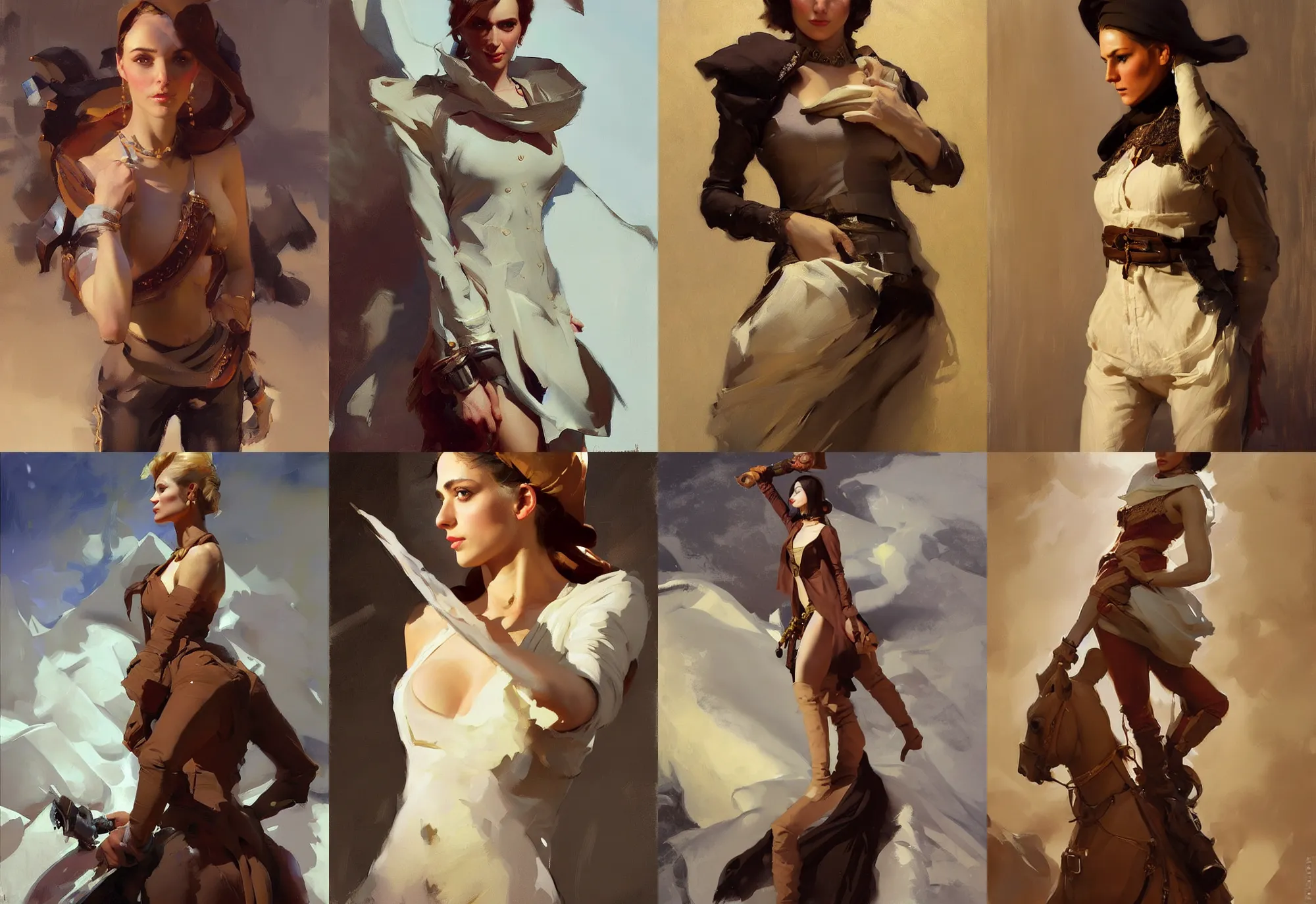 Image similar to portrait of russian iranian model girl jodhpurs hyperborea winter traveler treasure hunter decollete greg manchess painting by sargent and leyendecker, fantasy, medium shot, asymmetrical, intricate, elegant, matte painting, illustration, hearthstone, by rhads, by greg rutkowski, by greg tocchini, by james gilleard, by joe fenton