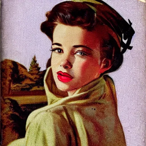 Prompt: “Sydney Sweeney portrait, color vintage magazine illustration 1950”