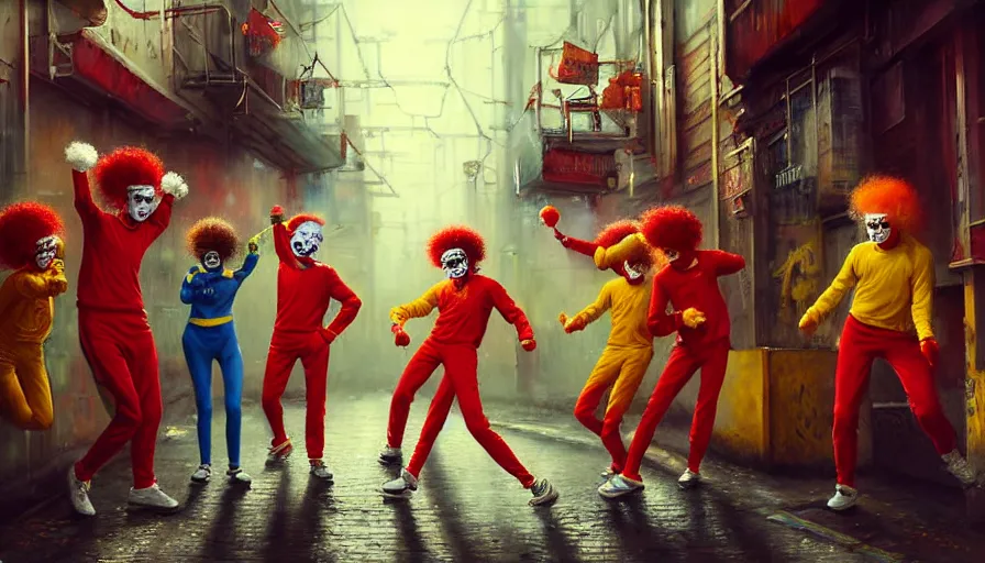 Image similar to highly detailed painting of a group of ronald mcdonalds with red afros, white facepaint, red noses and yellow tracksuits dancing in a cyberpunk alleyway by william turner, by greg rutkowski, by william constable, thick brush strokes and visible paint layers, 4 k resolution, retrowave colour scheme